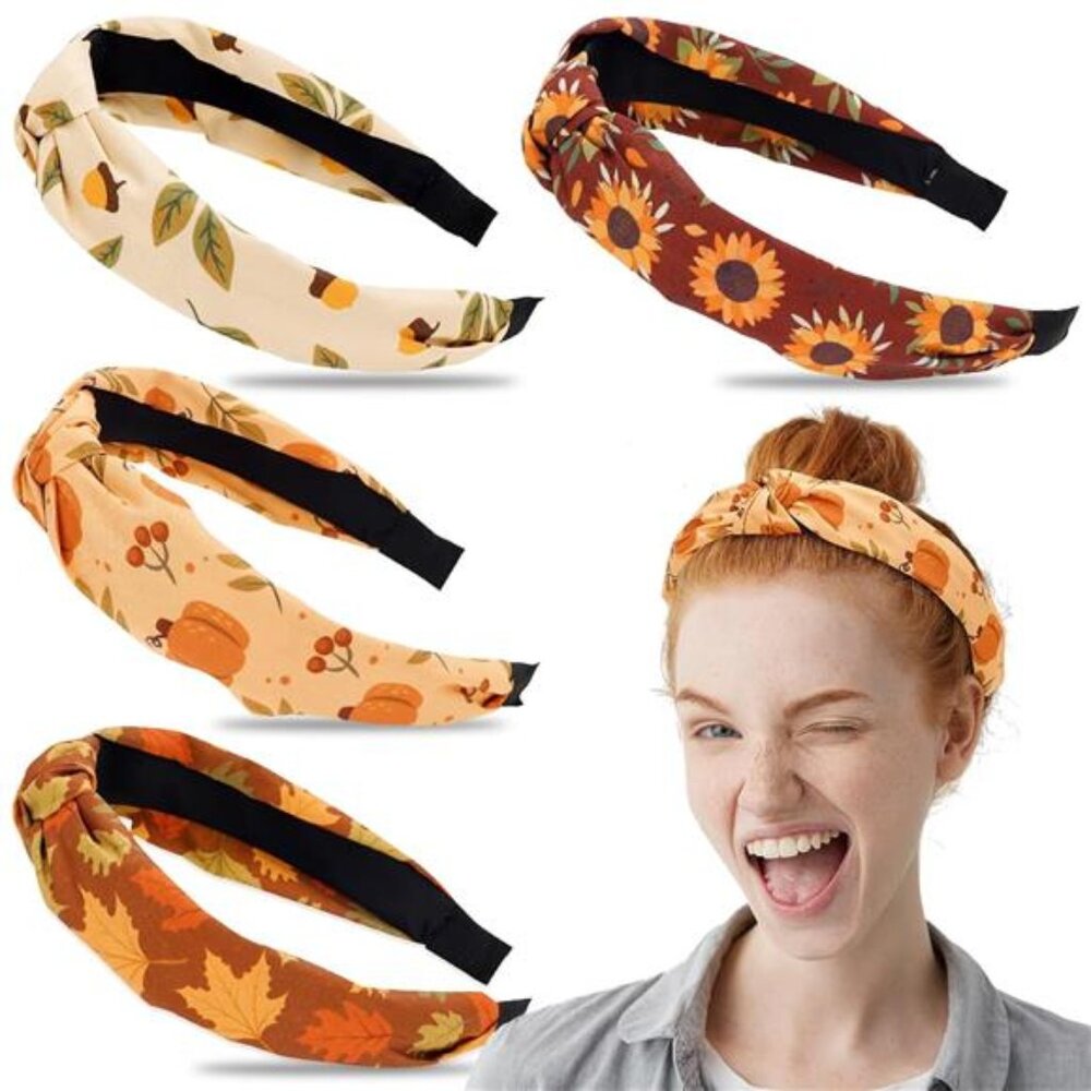Whaline 4Pcs‎ Fall Knotted Headbands Maple Leaves Pumpkin Sunflower Acorn Hair